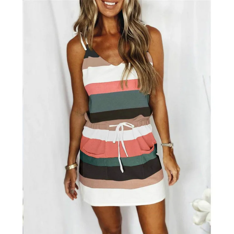 

Slim Suspender Dress Women Striped Print Pocket Vest Vestidos Summer Dresses Sexy Club Clothes High Waist Casual Robes Ladies