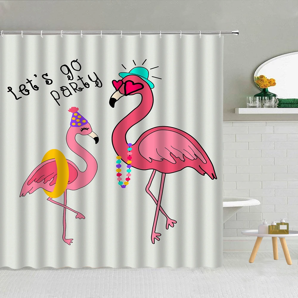 

Romantic Flamingo Seaside Scenery Shower Curtain Tropical Green Plant Leaf Flower Bathroom Decor Love Waterproof Hooks Curtains