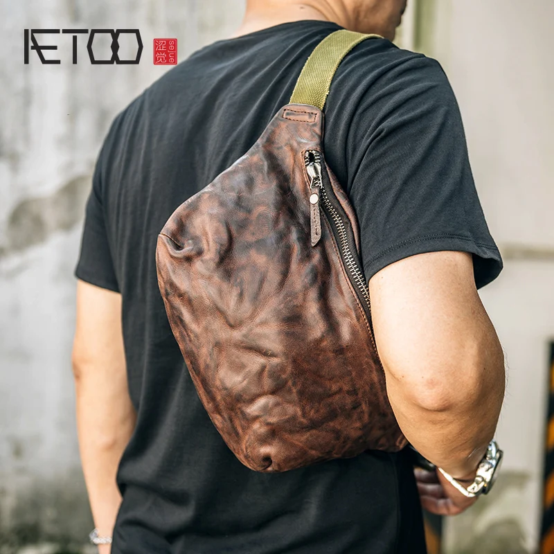 AETOO Head-layer Cow purse handmade retro wrinkled leather crossbody bag trend casual chest bag sports bag