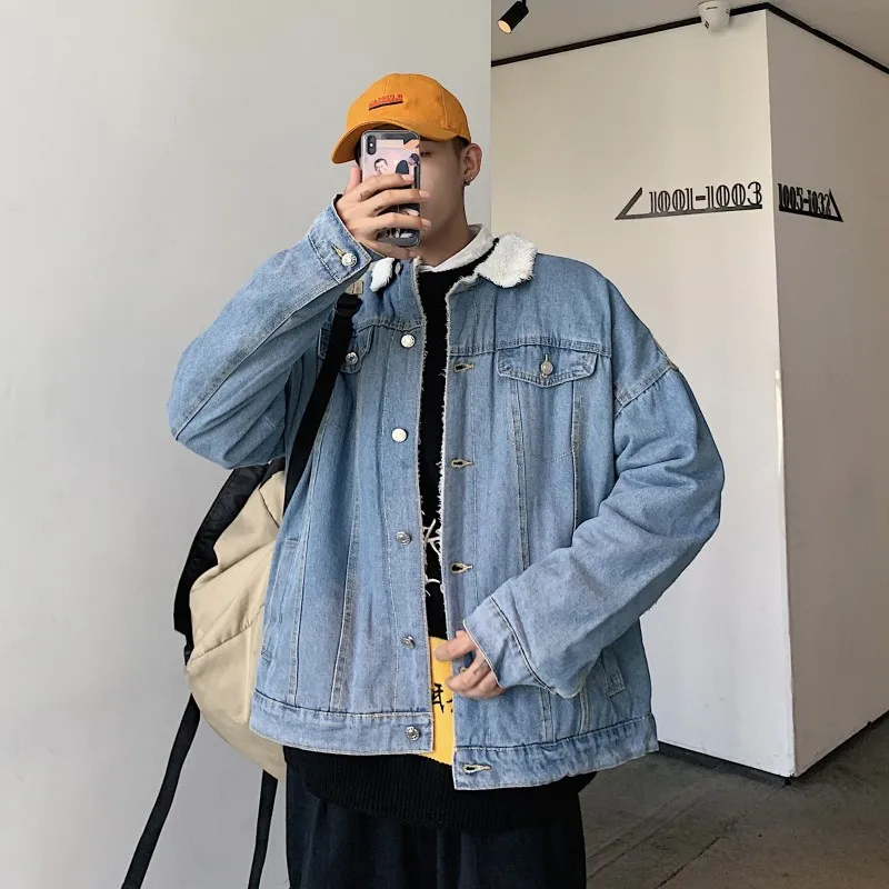 

Джинсовая куртка для мужчин, ковбойская куртка с лацканами, бархатная однотонная, для отдыха, большие размеры, весна-осень