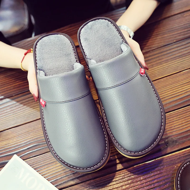 big size 45 46 home leather slippers mens winter flats house couples concise shoes man velvet slippers free global shipping