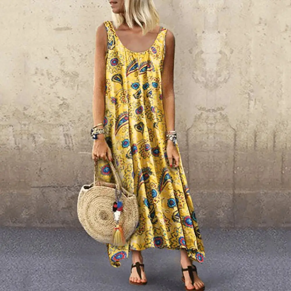 

2020 woman dress Vintage Sleeveless Round Neck Floral Printed Beach Party Loose Long Dress summer dress платья vestido de mujer