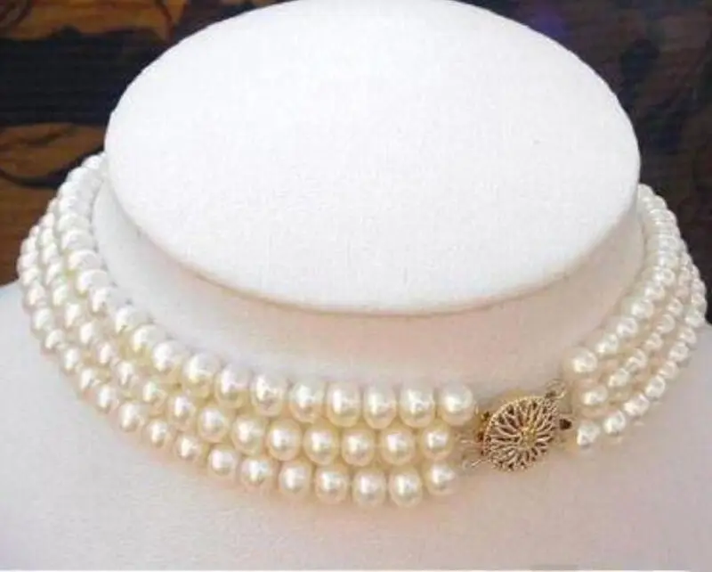 

Fashion 3Rows 7-8MM Natural White Akoya Cultured Pearl Choker Necklace 16-18"