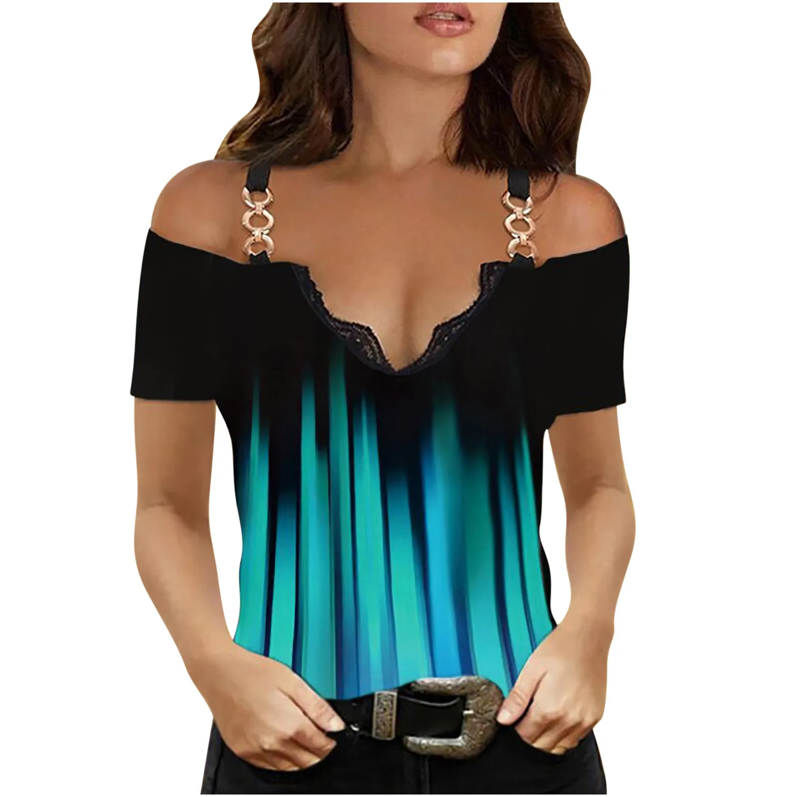 

Woman Tshirts Off Shoulder Short Sleeve Lace Stitching V-neck Metal Chain Straps Blouse Ladies Elegant Top Blusas Clothes