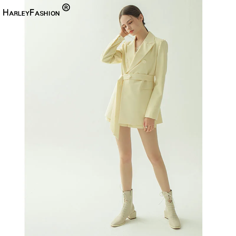 

HARLEYFASHION Spring Women Original Luxury 2 Piece Pants Set Adjustable Waist Straight Blazer And Loose Short Reduction Age Suit