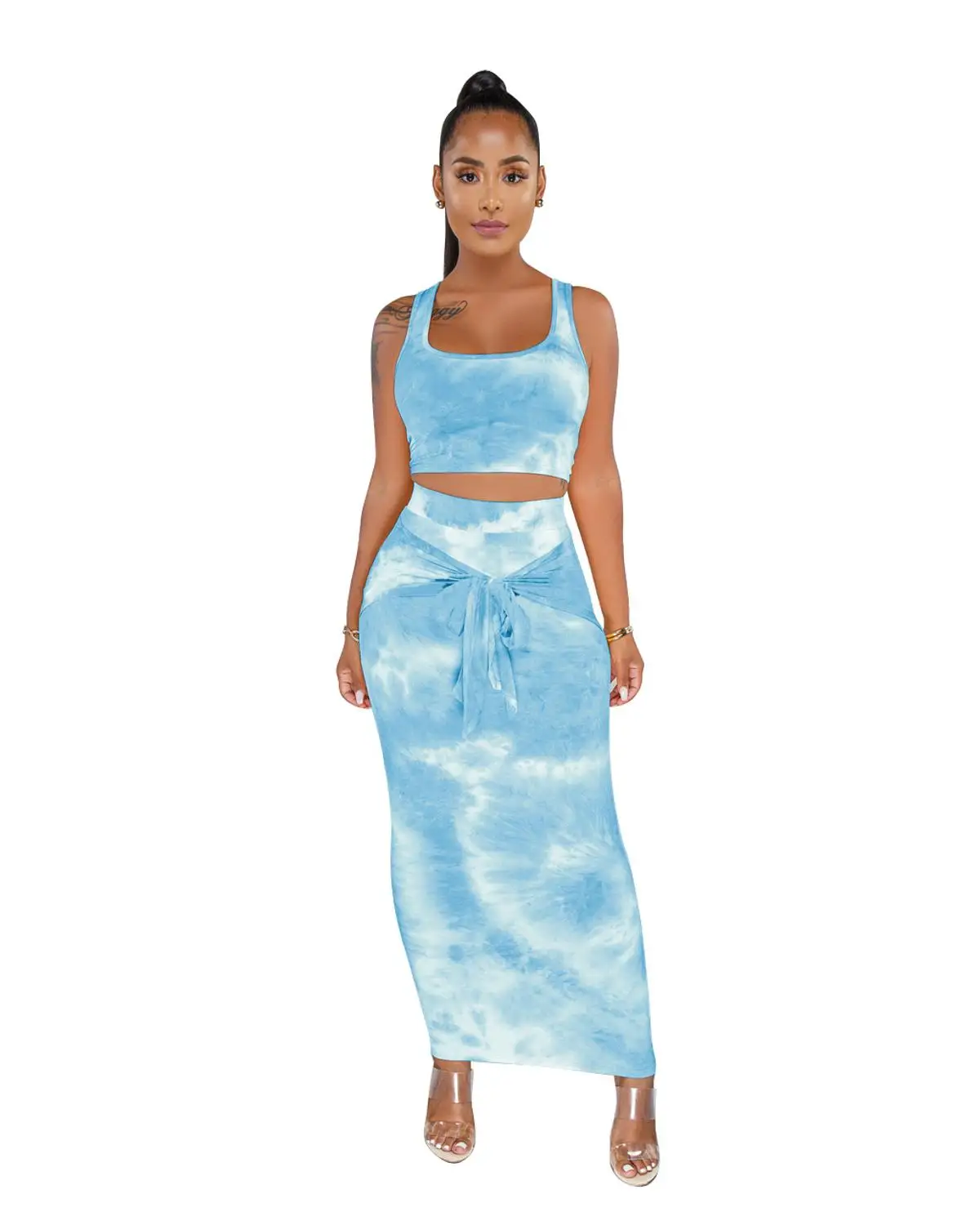 

New Summer Woman Two Piece Set Fashion Tie Dye Printed Short Tops +High Waist Slim Hip Skirt Women 2 Pieces Tank Suit