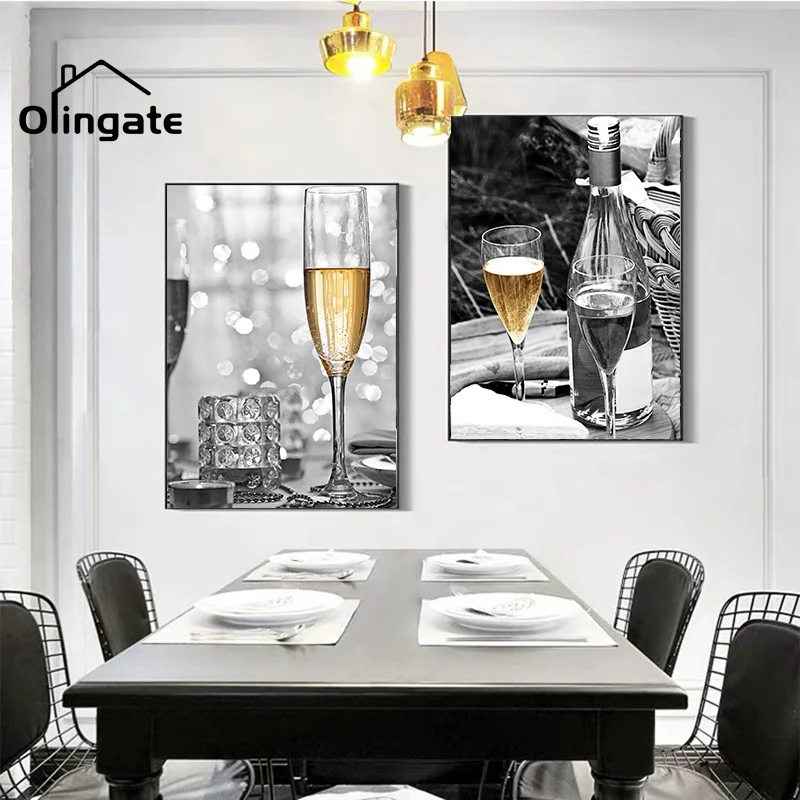 

Nordic Still Life Canvas Poster Yellow Champagne Red Wine and Bottle Canvas Art One Piece Wall Art Kitchen Home Living Room Deco