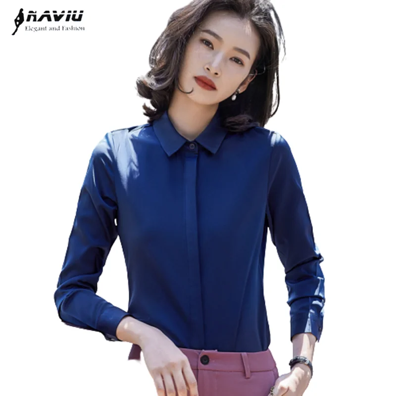 

Navy Blue Formal Shirt Women Long Sleeve Blusas De Mujer Bonitas Slim Chiffon Blouses Office Ladies High-End Business Work Tops
