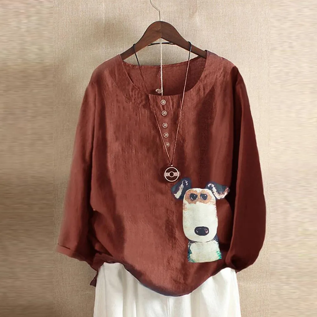 Блузка женская из хлопка и льна с длинным рукавом круглым вырезом | Женская