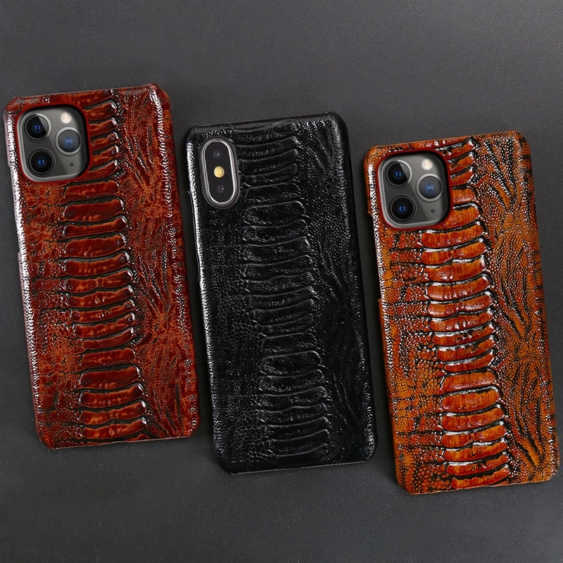for iphone 12 pro max mini 11 xs xr x 7 8 6s plus se 2020 case genuine leather ostrich texture shockproof hard back cover funda free global shipping