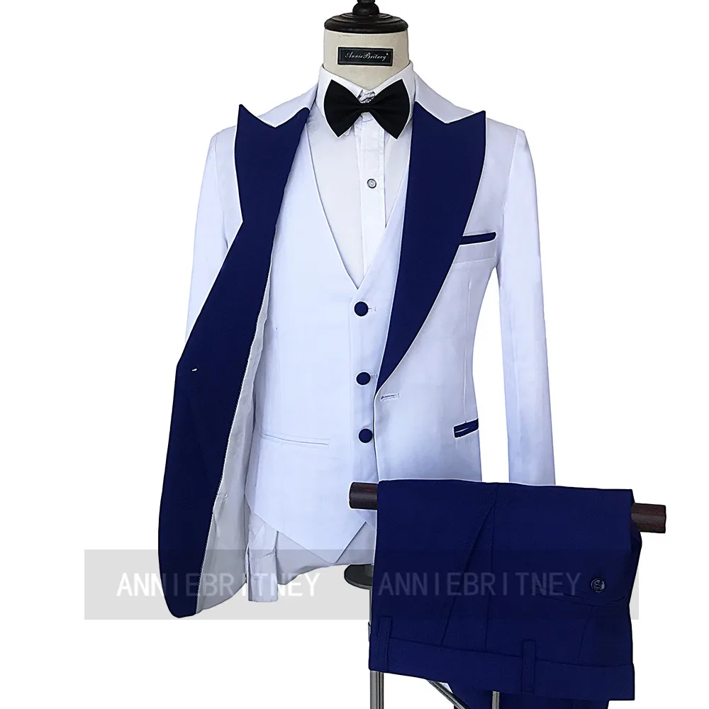 

Brand White Groom Wedding Suit Set Slim Fit Men Prom Party Blazer Singers Navy Blue Lapel Jacket with Vest Pants Costume 3 Piece