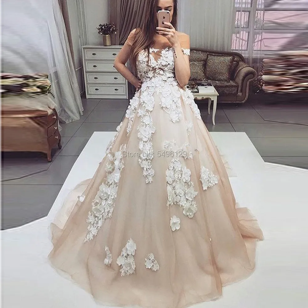 

Уникальное трапециевидное свадебное платье из тюля с открытыми плечами и цветочной аппликацией, свадебное платье цвета шампанского без ру...