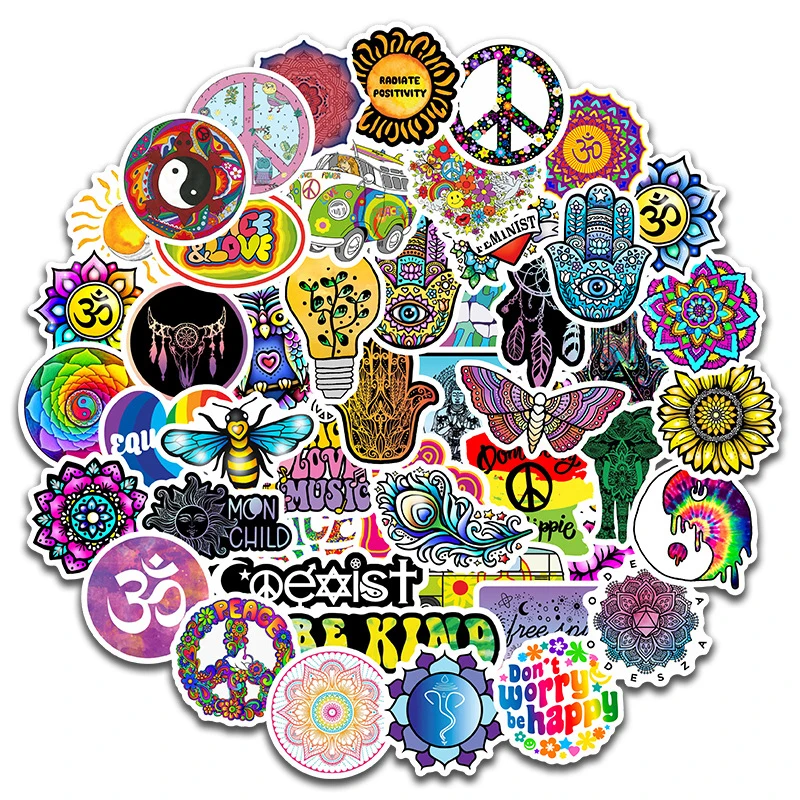 

50Pcs Hippies Stickers Love And Peace For Motorcycle Laptop Luggage Skateboards Waterproof Diary Stationery Graffiti Decal