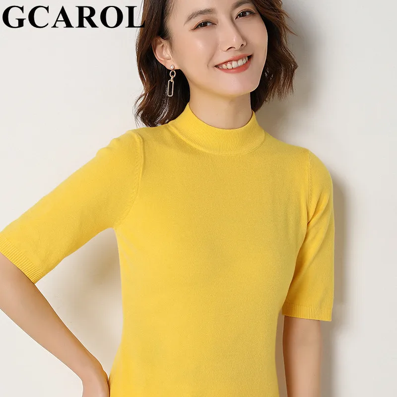 Женская тонкая футболка GCAROL из 30% шерсти на весну и лето с воротником-стойкой