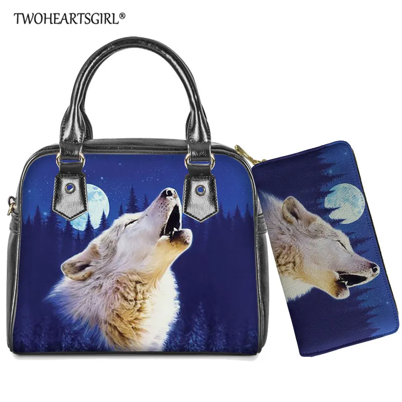 

Twoheartsgirl Wolf Printed 2pcs PU Leather Shoulder Handbag with Wallet Women Casual Tote Bag Animals Crossbody/Messenger Bags