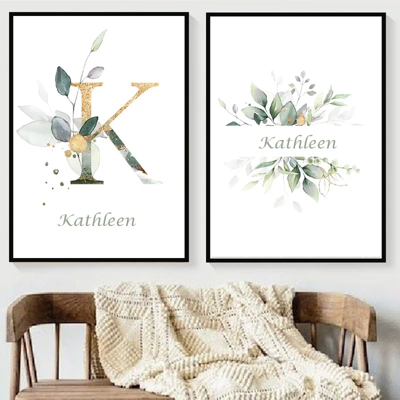 Картина на холсте с буквами листьев настенная живопись именем под заказ подарок