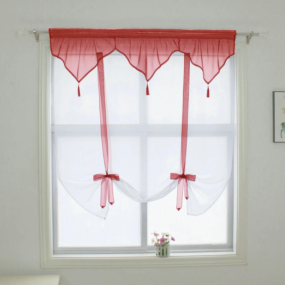 

Triangular Valance with tassels Stitching Color Tulle Volie Balcony Kitchen Window Wave Curtain 1PCS