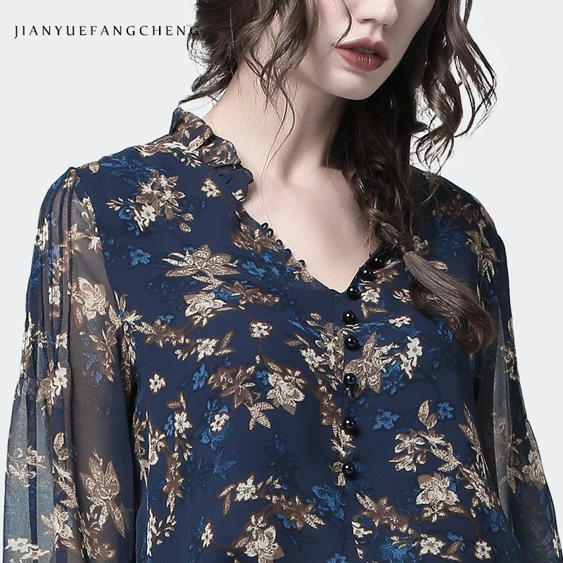 

Fashion Women' Chiffon Blouse Little Floral Printed See Through Seven Sleeves V-Neck Tops Loose Plus Size 2020 Ladies Summer Top