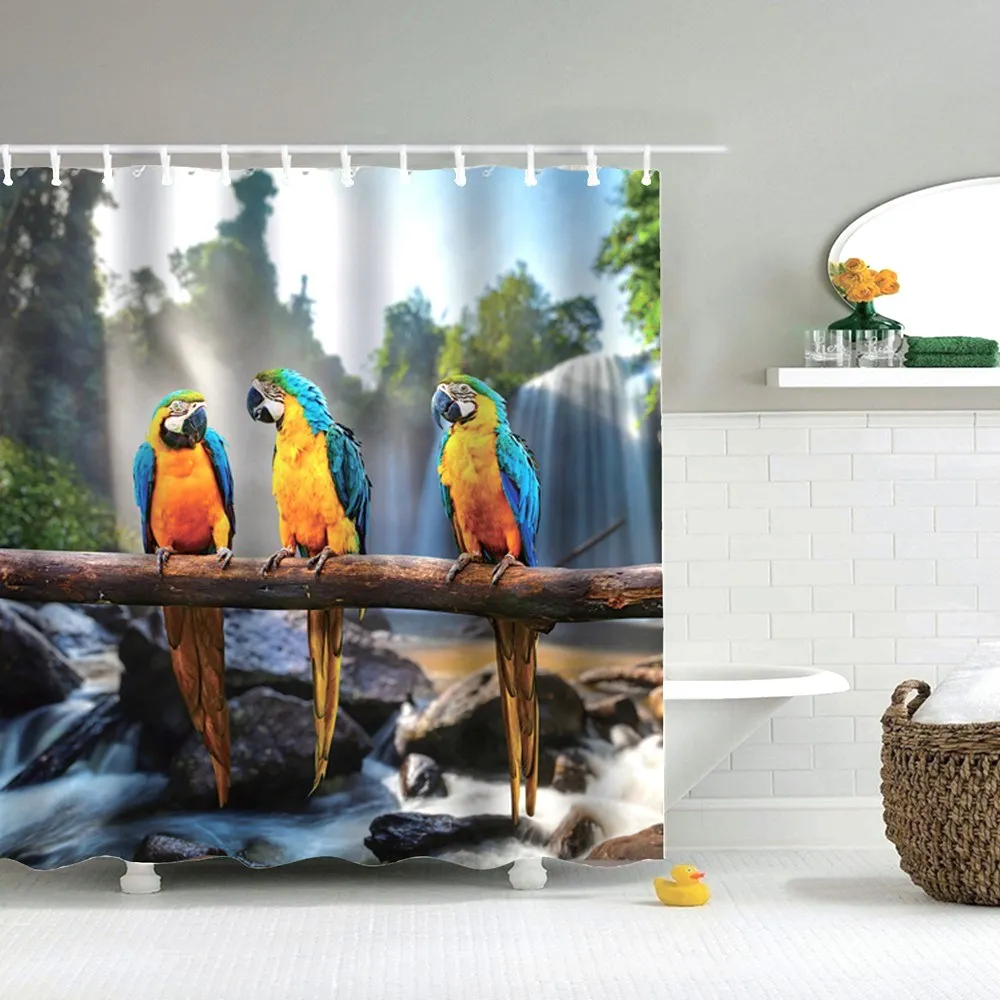 Dafield Parrot Shower Curtain Jungle Colorful Birds On Tree Branches Theme Tropical Nature Plants With Hooks | Дом и сад
