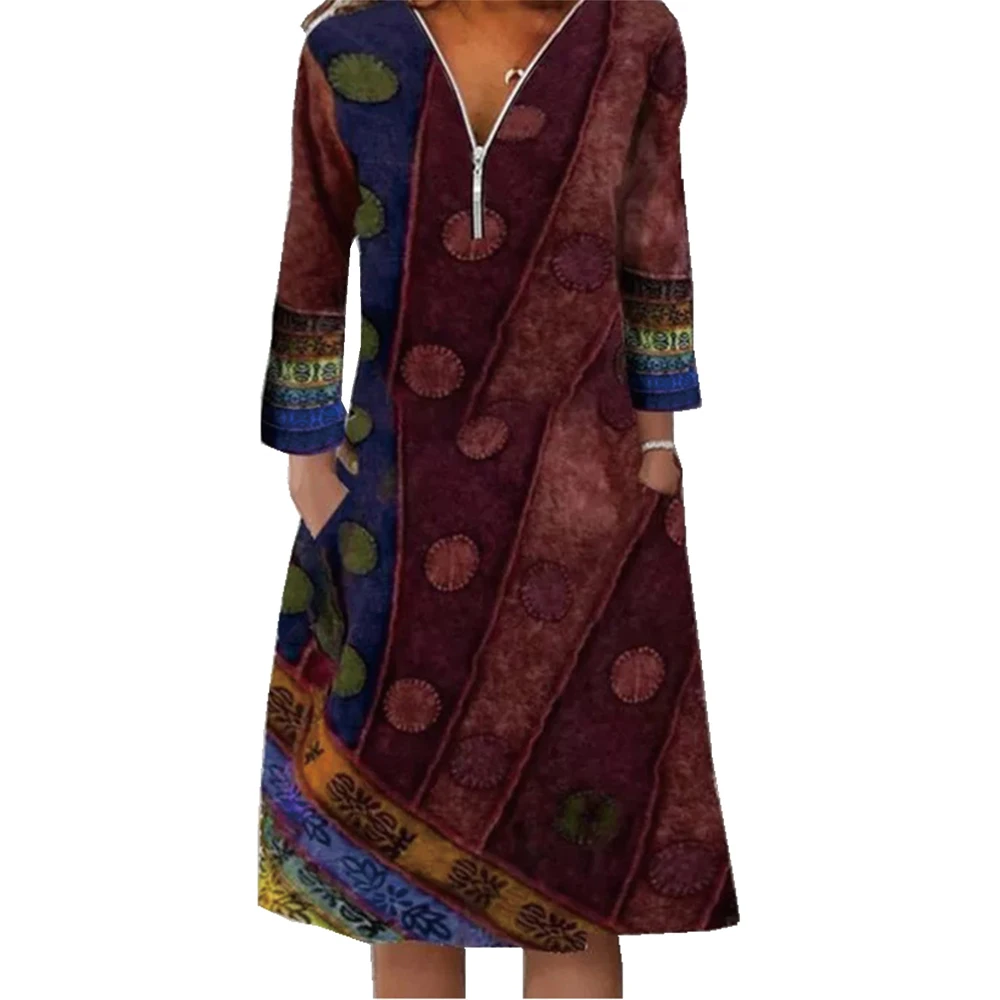 

Women Dress Vintage Printed Zipper V Neck Dress Long Sleeve Knee-Length Casual Vestidos Women Clothing Women Dress Loose