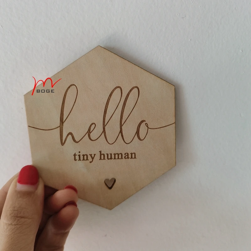 20 Uds. Hello Tiny disco de madera humano, anuncio de beb&eacute;, tarjeta hexagonal de llegada de beb&eacute;-4