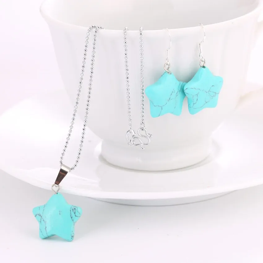 

FYJS Unique 10 Sets Silver Plated Lucky Star Green Howlite Stone Pendant Necklace Drop Earrings Rose Pink Quartz Jewelry