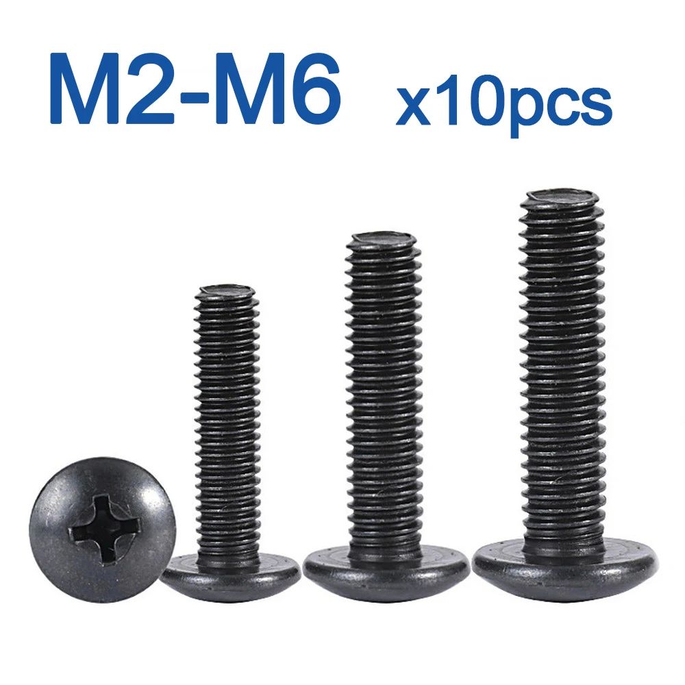 10Pcs/lot M2 M2.5 M3 M3.5 M4 M5 M6 TM Screws Phillips Truss Mushroom Head Screw Black Plated Electronic Carbon Steel Screws