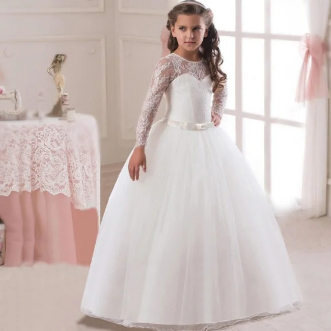 

Simple Style Flower Girl Dress For Wedding Ball Gown Tulle Full Sleeves Laces Top Floor Length Bow Belt Purple vestidos