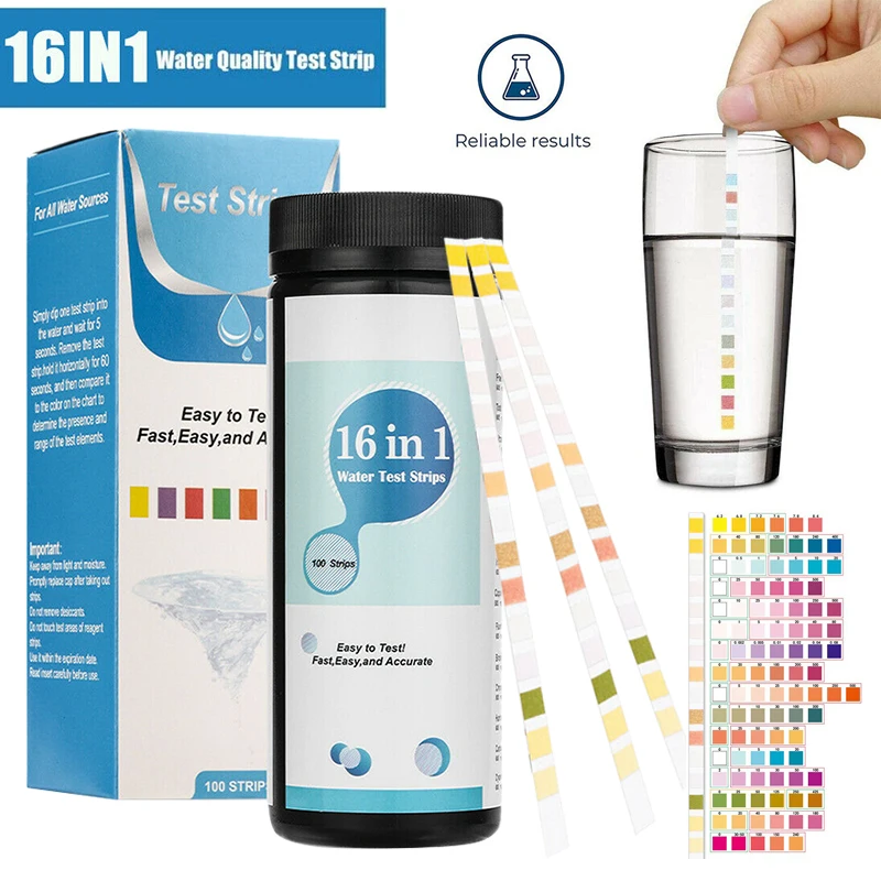 

100pcs 16 In 1 Drinking Water Test Strips Kit Swimming Pool Home Water Quality Test Hardness PH Fluoride Bromine Tools