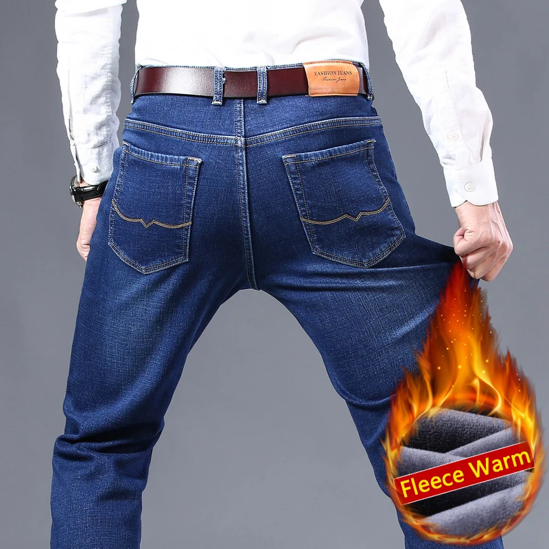 

Men's Fleece Jeans 2019 Winter Thickening Warm Denim Pants Male Business Leisure Classic Elastic Trousers Black Blue