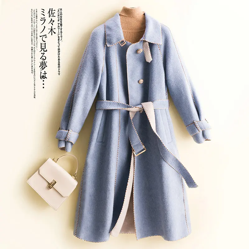 

LONGMING 100% Merino Wool Women Coat Winter Warm Woolen Coat Belt Autumn Wool Long Coat Woman Wool Cardigan Cashmere Overcoat