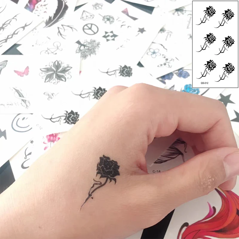 

Waterproof Temporary Tattoo Sticker Black Rose fake Tattoo Geometric Animal Flash Tattoo Hand Back Foot for Girl Women Men