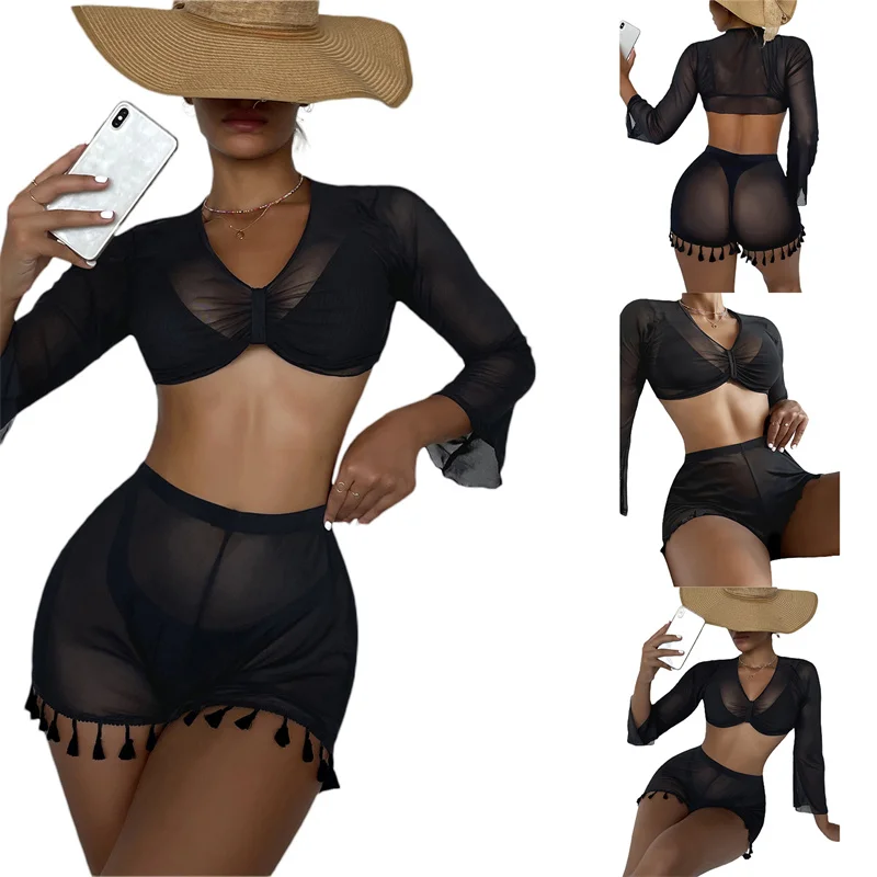 

Ladies Sexy Black Two Pieces Bikini Set Long Sleeve Bikini Cover Up Swimwear Women Swimsuit Bathing Suit Beachwear Swimming Suit
