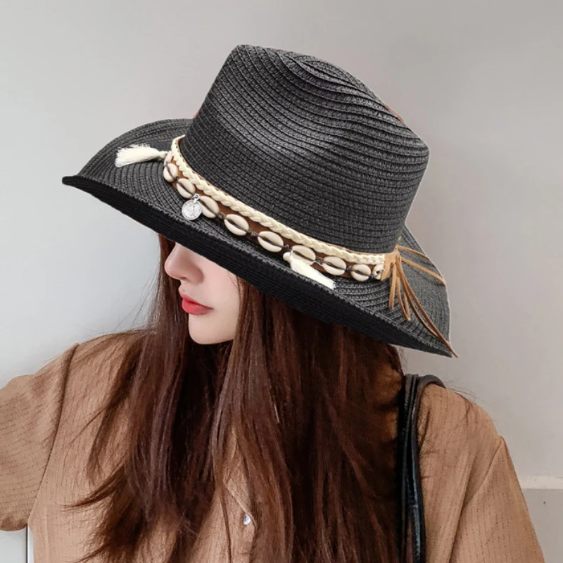 

HT3545 New Straw Fedora Hat Vintage Tassels Cowboy Panama Hat Men Women Wide Brim Beach Hat Male Female Spring Summer Sun Hat