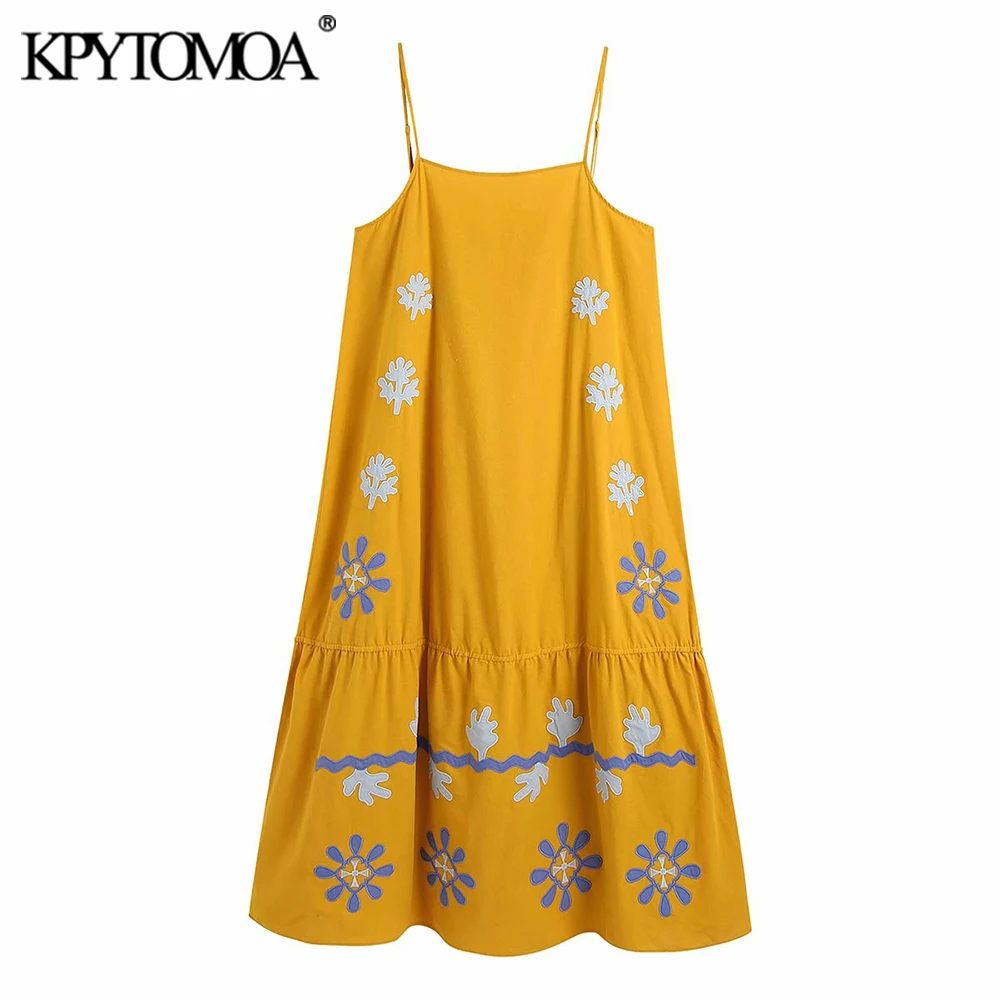 

KPYTOMOA Women 2021 Fashion Totem Embroidery Ruffled Midi Dress Vintage Backless Thin Adjustable Straps Female Dresses Mujer
