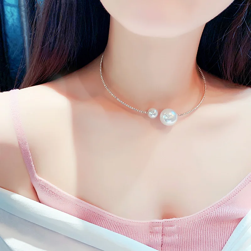 

S925 Silver Needle Full Diamond Size Pearl Women's Net Red Short Personality Clavicle Chain Opening Necklace Women