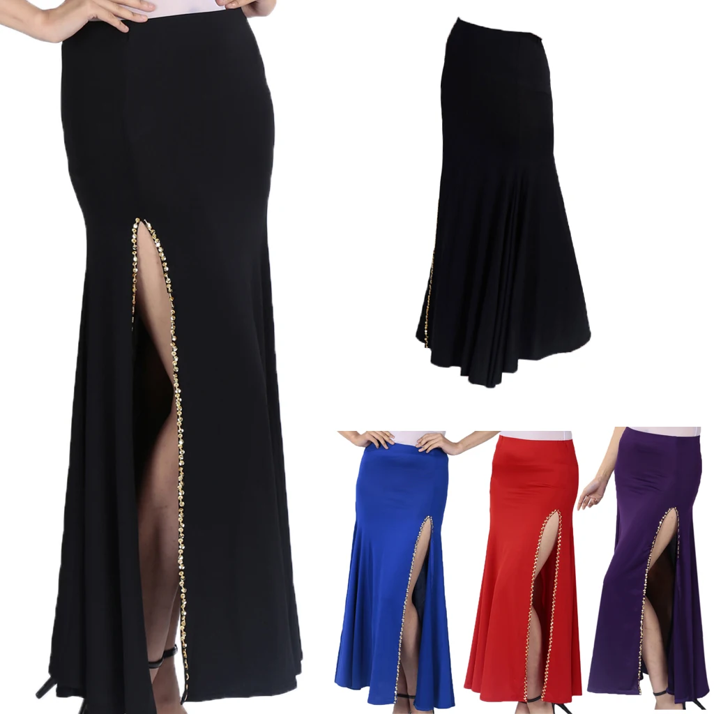 

Prettyia Women's Belly Dance Tango Long Chiffon Sequin Edge Slit Skirt