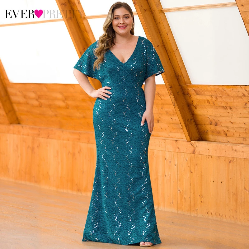 

Plus Size Sequined Lace Evening Dresses Ever Pretty EP00704 Deep V-Neck Ruffles Sleeve Sexy Mermaid Dress For Party Abendkleider