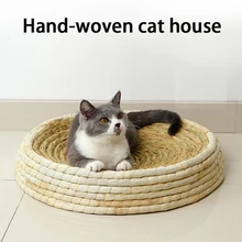 Handmade straw woven cat house round cat scratcher four seasons universal straw cat bed for cat wear-resistant cat toy cat sofa