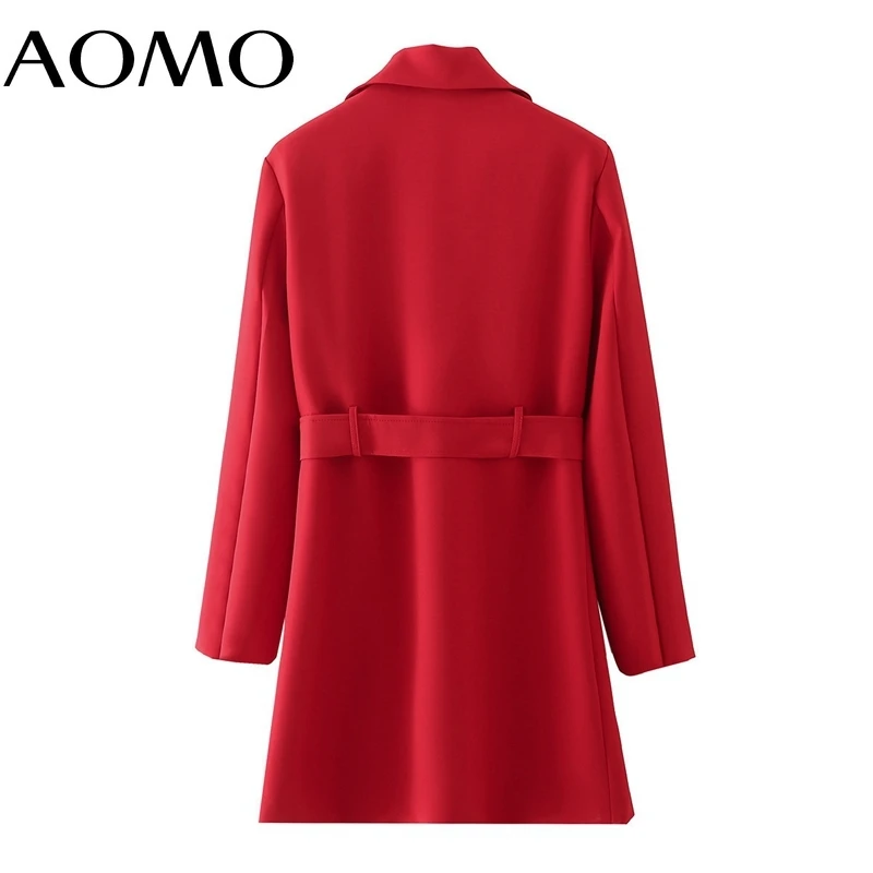 

AOMO Women Solid Red with Belt Blazer Coat Vintage Notched Collar Pocket 2021 Fashion Female Casual Chic Tops DA71A