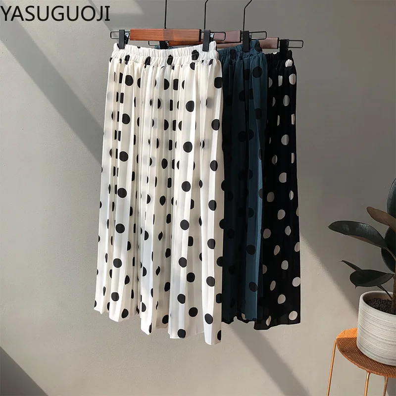

YASUGUOJI 2020, новая стильная шифоновая юбка в горошек, трапециевидная юбка, женская черная ретро юбка в крупный горошек с высокой талией