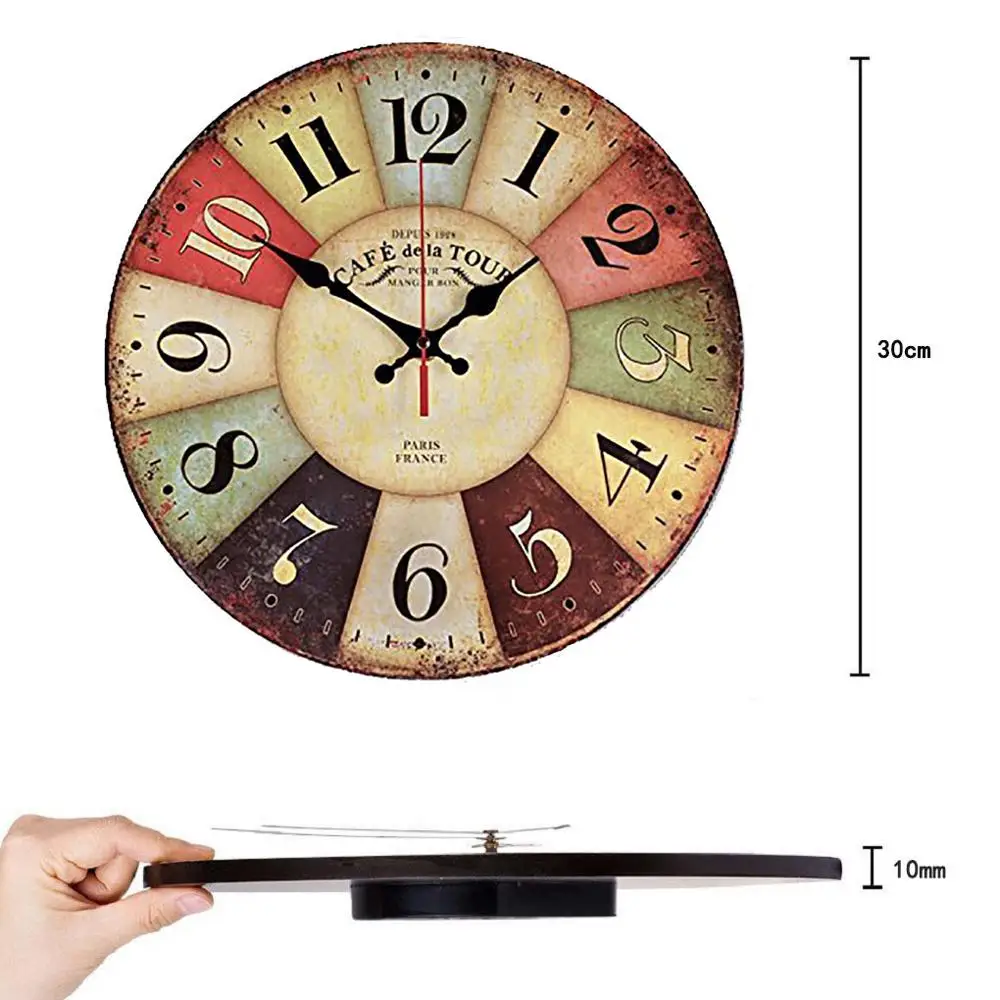 Ретро деревянная стена Clock 12inch кварцевый Бесшумный большой винтажный потертый