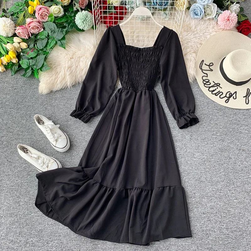 

Fashion Casual 2021 New Spring Summer Women's Dress Solid Square Collar Long Sleeve High Waist Sexy Ladies Dress