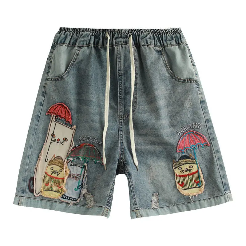 

Denim Shorts for Women 2020 Summer New Elastic High Waist Embroidery Slimming Casual Straight Pants