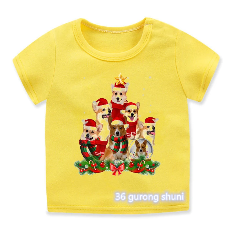 Новые футболки для мальчиков, забавные принты с изображением рождественской елки корги для детей, рождественские подарки, одежда, модная де...