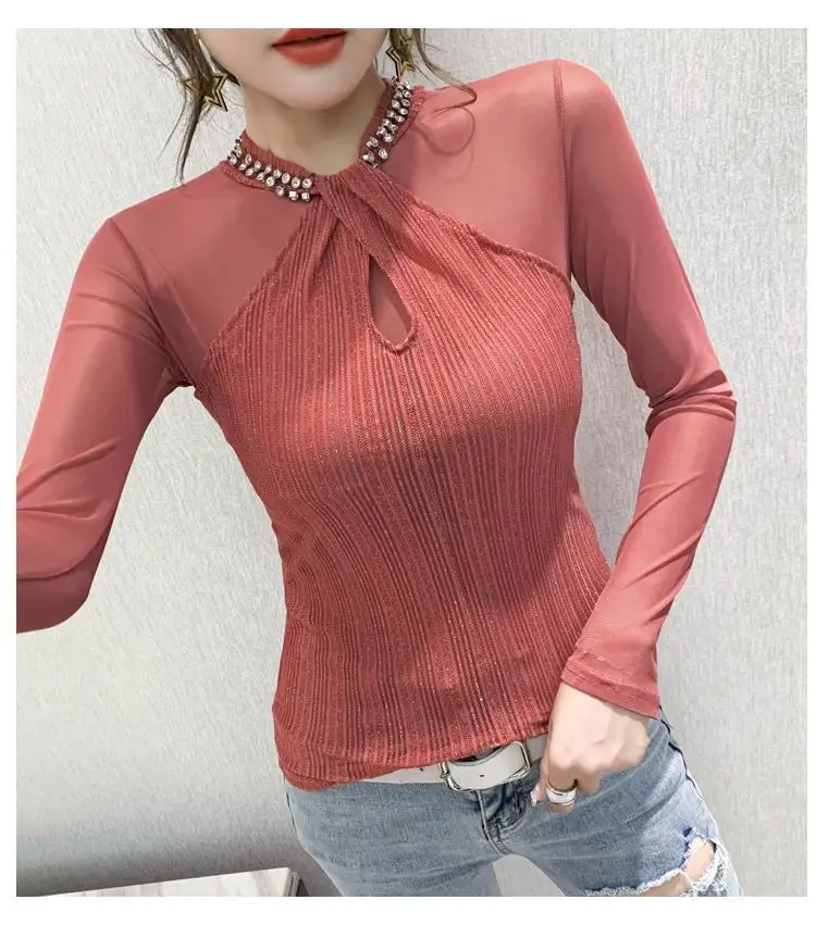 Женский топ с длинным рукавом TSXT однотонный элегантный из сетчатой пряжи круглым