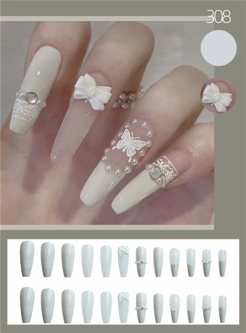 

24pcs Fashion Fake Nails Long White Bow Wearing Nail Sticker Press on Nails French Stick on DIY Manicure Tools