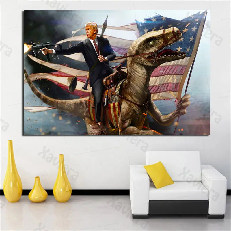 

President Donald Trump Shooting Gun Canvas Painting American Flag Dinosaur Picture Modern Home Decor Living Room Wall Art Poster