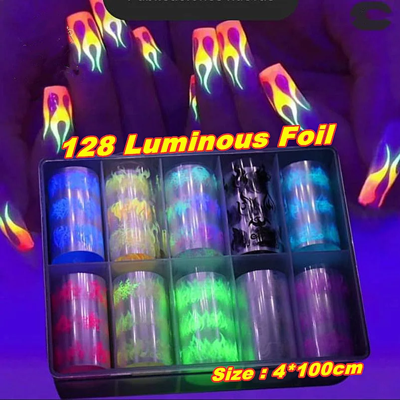 

10rolls Glow in the Dark Transfer Foil Fire Holographic/Mirror/Flower Manicure Luminous Nails Sticker Art Transferred Foil #NZ07