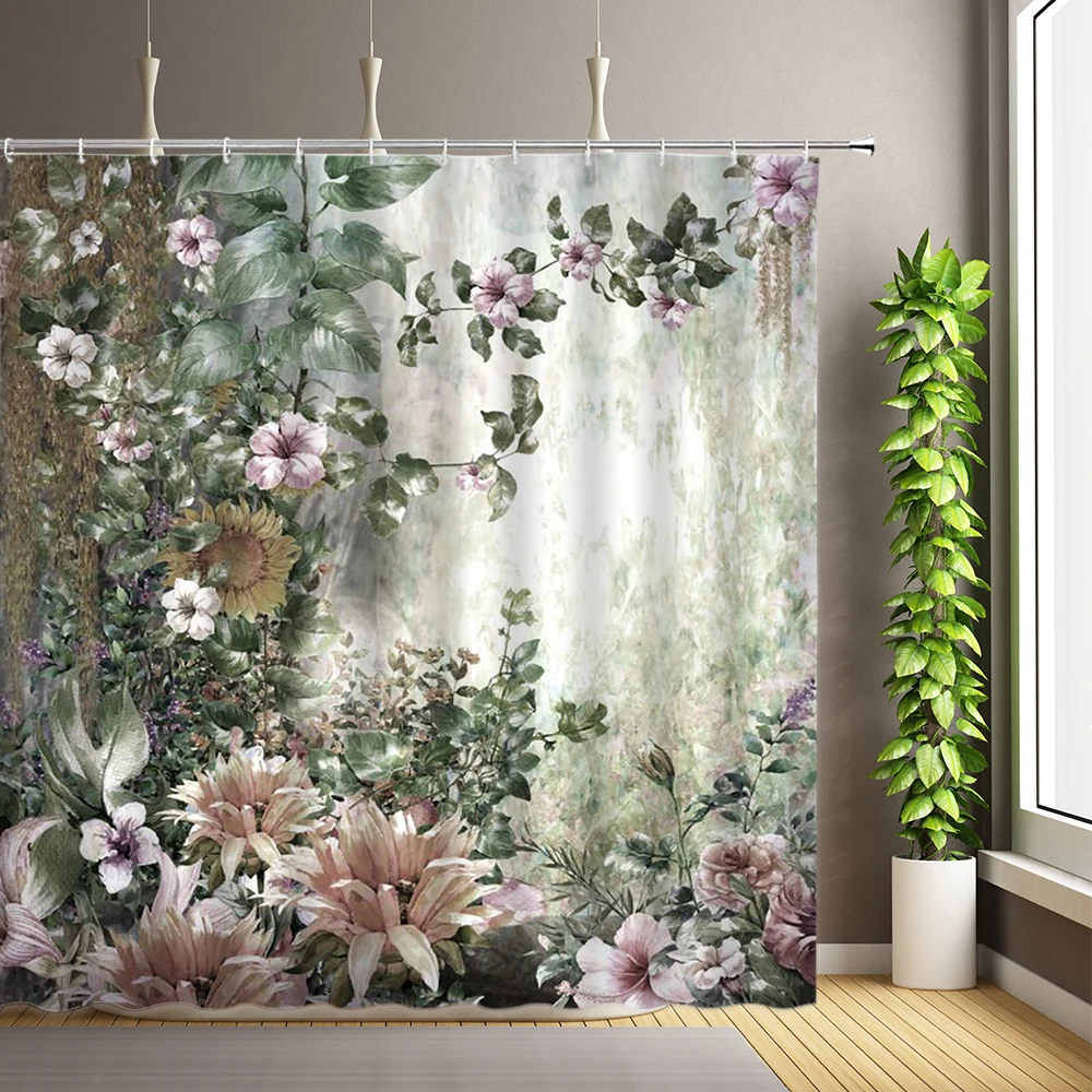 

Flowers Creative Art Shower Curtains Lotus Floral Plant Leaf Trees Printing Bathtub Decor Polyester Fabric Bathroom Curtain